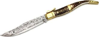 OEM Navaja De Colecci&oacute;n Muela Curro Curro-a.dam, De Acero Damasco Inoxidable, Hoja De 10,5 Cm, Asta De Ciervo Y Lat&oacute;n, Tama&ntilde;o Total 27,5 Cm + Tarjeta Mult