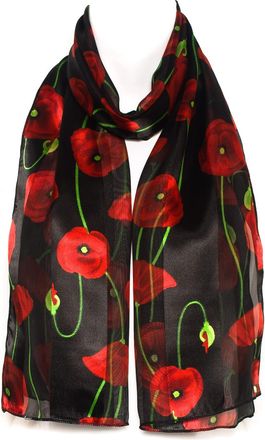 Hat To Socks Poppy Print Floral Chiffon Satin Scarf Ideal for Remembrance Day (Black)