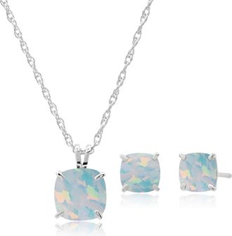 MAX + STONE 925 Sterling Silver Cushion Cut Gemstone Stud Earrings and Pendant Necklace