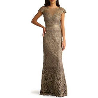 Tadashi Shoji Sequin Illusion Lace Gown in Smoke Pearl at Nordstrom, Size 16