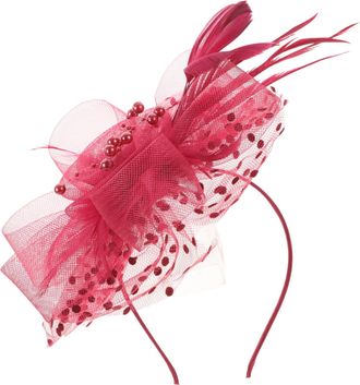 Frcolor Flower Fascinator Hat with Mesh Ribbon and Accents for Wedding Tea Parties Special Events Hair Accessories for Women and Girls Dark Red
