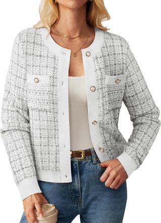 Grace Karin White Grey Cardigans for Women UK Ladies Elegant Buttons Office Business Cardigan Long Sleeve Autumn Winter Fluffy Cardigans White Grey S