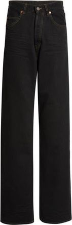 Saint Laurent High V-Waist Baggy Denim Wide Leg Jeans in Deep Sea Black at Nordstrom, Size 28
