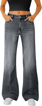 Generic Flared Jeans for Women UK High Waisted Washed Distressed Cotton Blend Denim Trousers Trendy Loose Fit Wide Leg Stretchy Bootcut Pants Baggy Comfort La