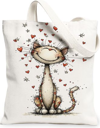 Generic Cute Cat Canvas Tote Bags, Adorable Animal Heart Pattern Reusable Grocery Bags, Vintage Lightweight Washable Shoulder Strap, White, 13x15 Inch