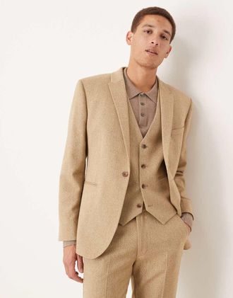 Asos Wedding - Giacca da abito slim in misto lana beige con intreccio a cesto-Neutro