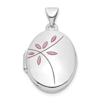 Diamond2Deal 14k White Gold Pink Enamel Leaves 19mm Oval Locket