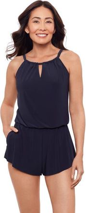 Aqua Green Keyhole Blouson Slimming Swimsuit Romper with Pockets in True Navy at Nordstrom, Size X-Large