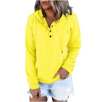 Generic Lightning Deals of The Day Prime Sweatshirts for Women UK Clearance Casual Button Down Long Sleeve Hoodies With Pocket Solid Color V-Neck Hood Pullove