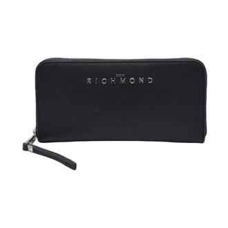 John Richmond Accessoires, Dames, Zwart, ONE Size, Leer, Zilver Logo Leren Portemonnee met Rits