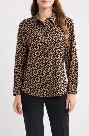 Anne Klein Printed Clean Front Shirt in Vicuna/anne Black at Nordstrom, Size X-Small