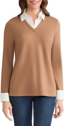Jones New York Layered Look Long Sleeve Top in Caramel/Nyc White at Nordstrom, Size X-Large P