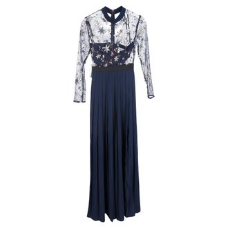 Self Portrait Embellished Tulle Detailed Maxi Gown Dress in Navy Blue Polyester