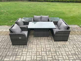 Fimous Outdoor Rattan Garden Furniture Set Patio Height Adjustable Rising lifting Dining Table Love Sofa in Dark Grey