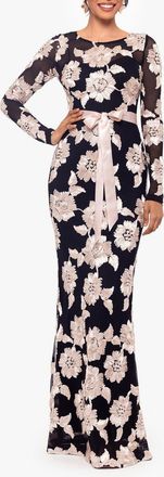 Betsy & Adam Soutache Long Sleeve Mesh Gown in Black/champagne at Nordstrom, Size 8