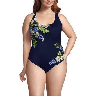 Lands End Plus Size Chlorine Resistant X-Back High Leg Soft Cup Tugless Sporty One Piece in Deep Sea/blue Floral Tropic at Nordstrom, Size 16W