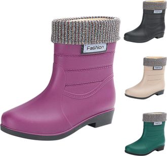 Generic Plush Rain Boots for Women, Wellington Mid Calf Boots Winter Warm Comfortable Slip On Rain Shoes Ladies Outdoor Waterproof Anti-Slip Casual Rainboots 