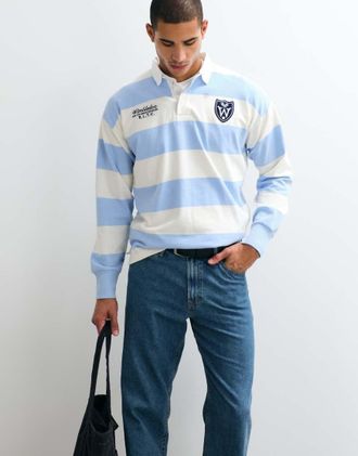 Polo Ralph Lauren Wimbledon Capsule - Polo stile rugby e college blu a righe larghe con ricamo sul retro