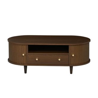Urban Meuble Mesa de centro oval vintage efecto nogal con caj&oacute;n y puerta corredera