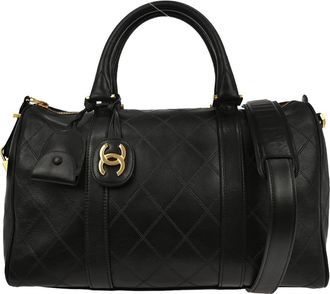 Chanel Vintage Diamond Stitch Boston Bag Quilted Lambskin Black Leather Handbag (Pre-Owned)