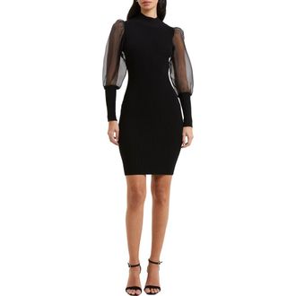 French Connection Krista Organza Contrast Long Sleeve Sweater Dress in Blackout at Nordstrom, Size Large