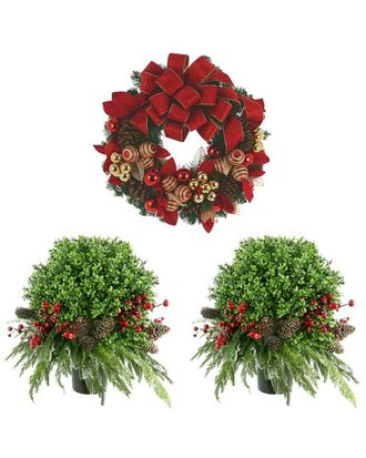 Creative Displays Inc. 26In Holiday Wreath & 2 Uv-Rated Boxwood Topiary Drop-Ins