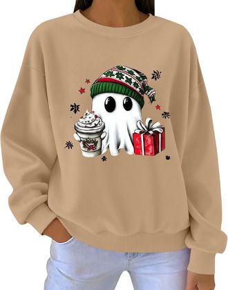 Generic Christmas Printed Sweatshirts For Women, Xmas Novelty Cute Graphic Christmas Jumper 2025 Crew Neck Oversized Long Sleeve T Shirts Holiday Festive Cosy