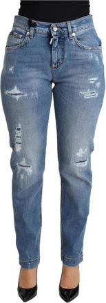 Dolce & Gabbana High Waist Skinny Tattered Jeans - Dames - Slim Fit Jeans - Blauw - 2XS - Katoen - Jeans