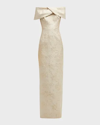 Teri Jon Off-Shoulder Jacquard Column Gown