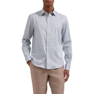 Bugatchi Julian Shaped Fit Geometric Wave Print Stretch Cotton Button-Up Shirt in Hazy Blue at Nordstrom, Size Xxx-Large