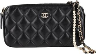 Chanel Pre-owned Double Zip Wallet on Chain - Dames - Vintage Clutch - Zwart - ONE Size - Leer - Vintage