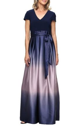S.L. Fashions Short Sleeve Jersey Bodice Ombr&eacute; Satin A-Line Gown in Navy/Mauve at Nordstrom, Size 12P
