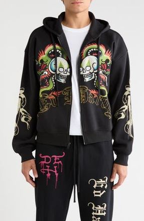 Ed Hardy Dragon Skulls Rhinestone Boxy Zip Hoodie in Black at Nordstrom Rack, Size Xx-Large