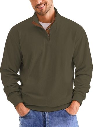 Generic Mens Sweatshirt Retro Vintage Knit Print Sweater 3D Printed Stand Up Collar Long Stand Collar Henley Button Pullover Top