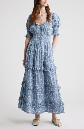 Treasure & Bond Smock Waist Ruffle Trim Tiered Maxi Dress in Blue Lace Allover at Nordstrom, Size Xx-Small