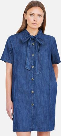Yumi Chambray Tunic With Pussy Bow Tie in Blue at Nordstrom, Size 14