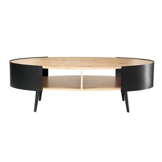 Calicosy EKLO Oval Coffee Table With Black Metal Sides, 120 Cm Long in Light Brown
