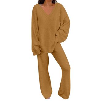 Generic Womens Winter Pyjamas Set Fleece - Loungewear Sets For Women Winter Long Sleeve V-Neck Plain Suits Solid Color Jumpers And Wide Leg Trousers With Pock