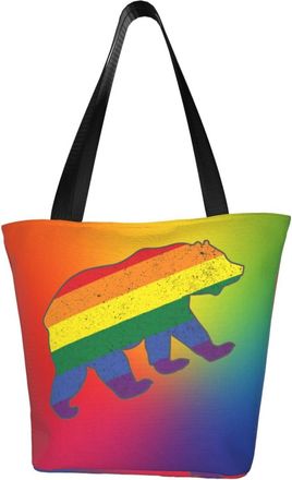 AOOEDM Rainbow Pride Flag With Gay Bear Reusable Tote Bag Women Casual Handbag Shoulder Bags for Shopping Groceries Travel Outdoors