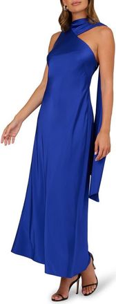 Adrianna Papell Scarf Detail Stretch Satin Gown in Royal Sapphire at Nordstrom, Size 16