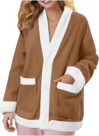 Generic Womens Fuzzy Fleece bed Jacket Soft Cozy Warm V-Neck Button up Sleepwear Long Sleeve Winter Pajama with Pockets