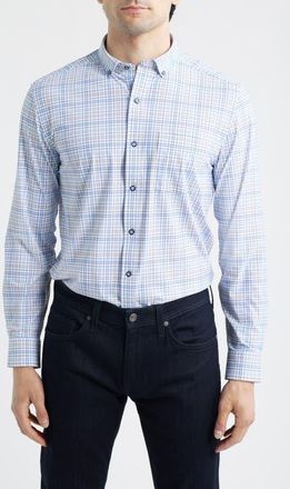 Johnston & Murphy XC Motion Performance Knit Button-Up Shirt in Blue/Tan Plaid at Nordstrom, Size Xxx-Large
