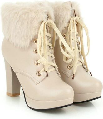 Generic Womens Lined Platform Ankle Boots, Block Heel PU Leather Ankle Boots with Laces And Fur Collar Fashionable Autumn Winter Shoes for Everyday Wear And O