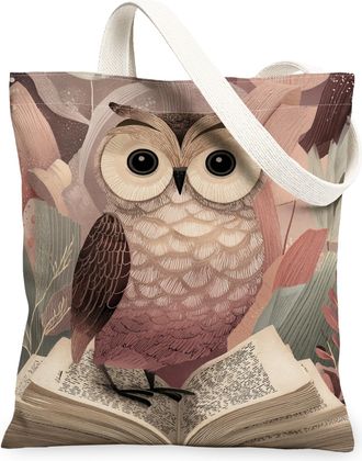 Generic Owl Canvas Tote Bags, Animal Floral Pattern Reusable Grocery Bags, Autumn Vintage Lightweight Washable Shoulder Strap, Peach, 13x15 Inch