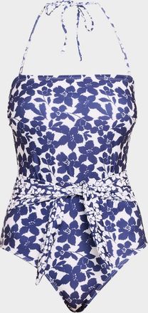 Shoshanna Floral Belted Bandeau One-Piece Swimsuit