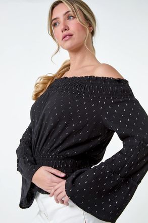 DUSK Shimmer Foil Textured Bardot Top