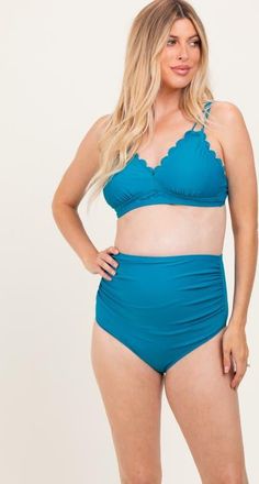 Pinkblush Scalloped V-Neck High Waist Two-Piece Swimsuit in Teal at Nordstrom, Size X-Large
