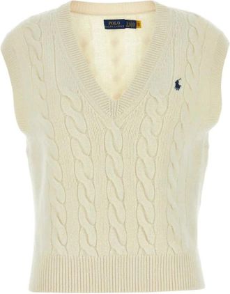 Ralph Lauren Trui - Dames - V-hals truien - Beige - M - Wol - Truien & Vesten