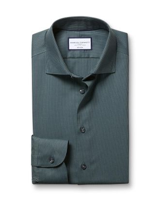 CHARLES TYRWHITT Non-Iron Stretch Chevron Texture Cotton Shirt - Teal Single Cuff Size 15.5/33 by Charles Tyrwhitt