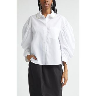 Simone Rocha Faux Pearl Boxy Balloon Sleeve Cotton Button-Up Shirt in White/Pearl at Nordstrom, Size 4 Us